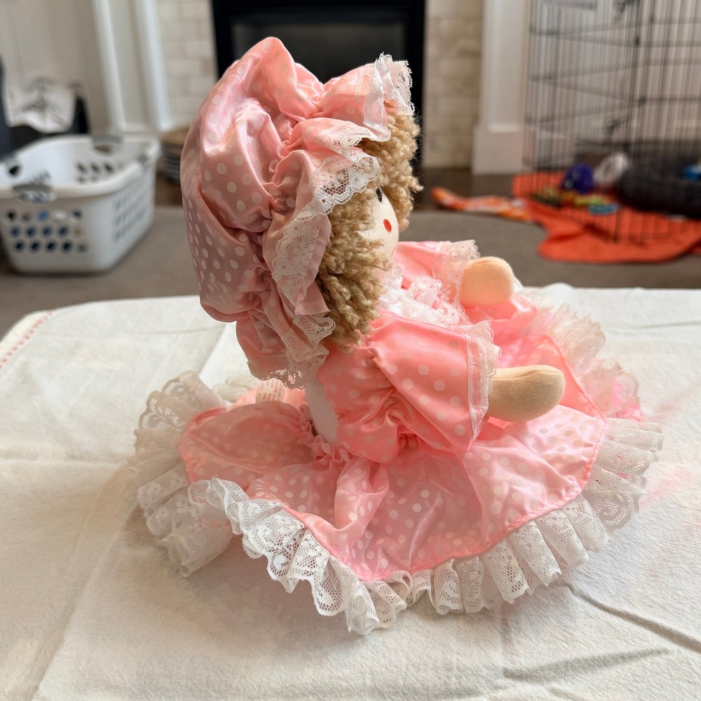 Vintage Poter 1986 Musical Doll Wind Up Moving Neck Pink Polka Dot Lace Toy Kids - Picture 5 of 8